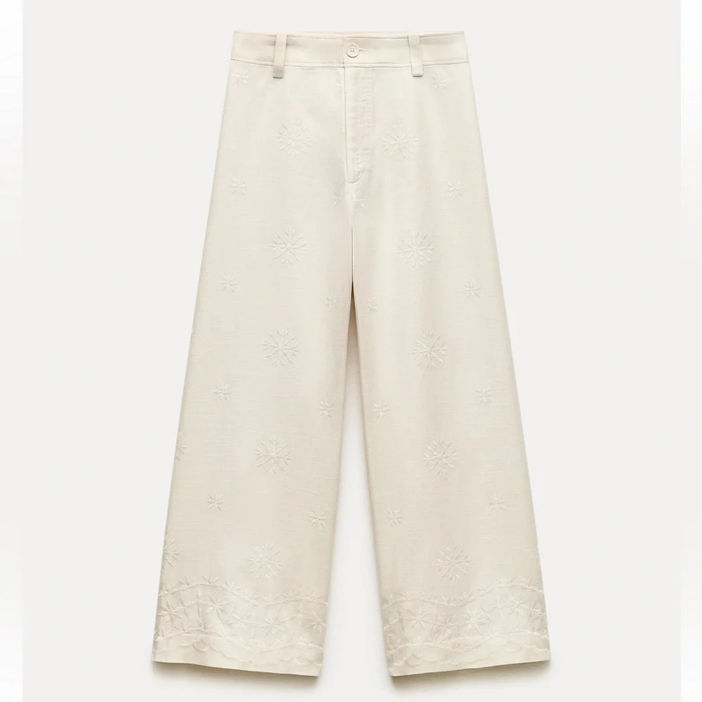 Zara ZW Collection Embroidered Ecru Linen Blend Pants XS